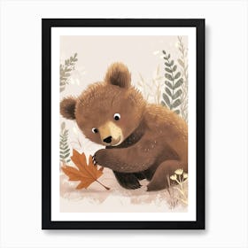 Brown Bear Cub Playing With A Fallen Leaf Storybook Illustration 1 Art Print