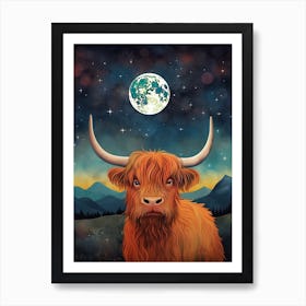 Highland Cow In Moonlight Textured Illustration 2 Art Print