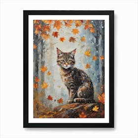Cottagecore Wild Cat in Autumn Forest - Acrylic Paint Little Fall Wild Kitten Tabby Looking Art with Falling Leaves at Night on a Sunlight Day, Perfect for Witchcore Cottage Core Pagan Tarot Celestial Zodiac Gallery Feature Wall Beautiful Woodland Creatures Series HD Art Print