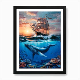 Sailing Ship with Underwater World. Oil Painting #1 Art Print