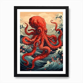 Octopus Animal Drawing In The Style Of Ukiyo E 2 Art Print