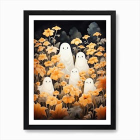 Cute Bedsheet Ghost, Botanical Halloween Watercolour 159 Art Print