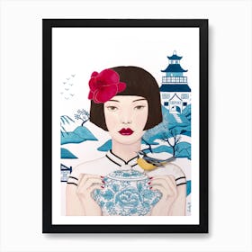 Chinese Woman With Chinoiserie Pot And Bird Art Print