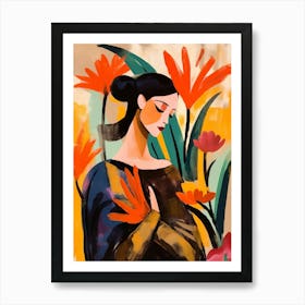 Woman With Autumnal Flowers Bird Of Paradise 2 Art Print