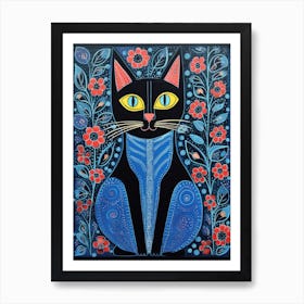 Black Cat With Blue Flowers in Gond Painting Style Art Print