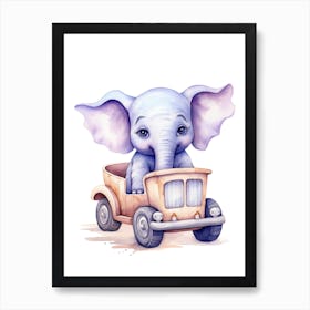 Baby Elephant On Toy Car, Watercolour Nursery 3 Art Print