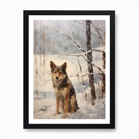 Vintage Winter Animal Painting Red Wolf 1 Art Print