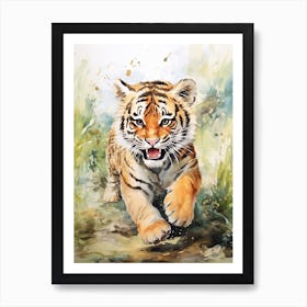 Tiger Illustration Running Watercolour 4 Art Print