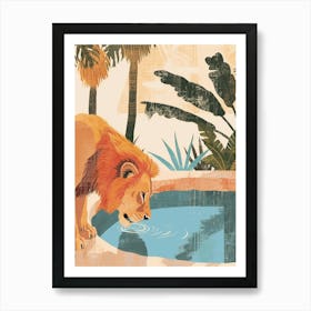 African Lion Drinking From A Watering Hole Illustration 2 Art Print