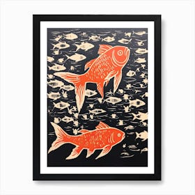 Goldfish, Woodblock Animal  Drawing 1 Art Print