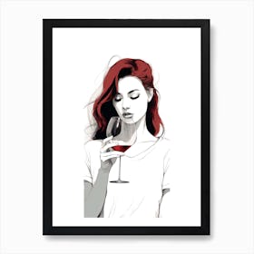 Girl With Red Hair Drinking Wine Art Print