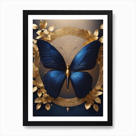 Blue Butterfly In Gold Frame Art Print