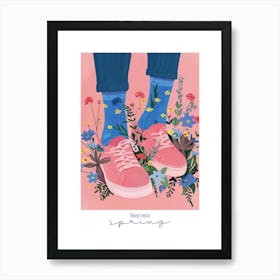 Step Into Spring Illustration Pink Sneakers And Flowers 4 Art Print