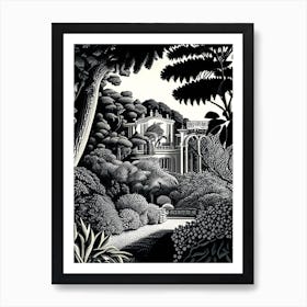 Villa Cimbrone Gardens, Italy Linocut Black And White Vintage Art Print