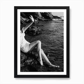 Summer Sunlight - Girl on the Rocks - Black And White Photography Art Print