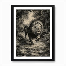 Barbary Lion Relief Illustration Crossing A River 3 Art Print