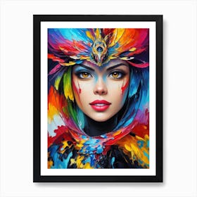 Portrait Of A Woman With Colorful Feathers Art Print