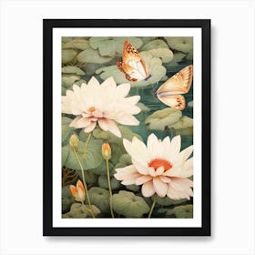 Butterflies & Waterlilies Japanese Style Painting 1 Art Print