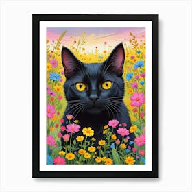 Quirky Cat In A Flower Field Art Print (5) Art Print