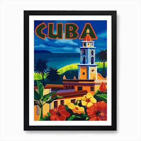 Cuba, Floral Vintage Travel Poster Art Print