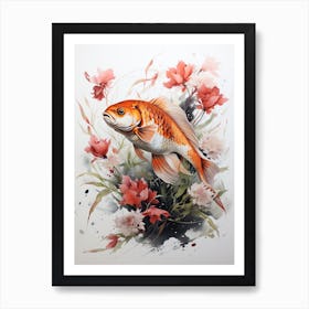 Koi Fish, Japanese Brush Painting, Ukiyo E, Minimal 3 Art Print