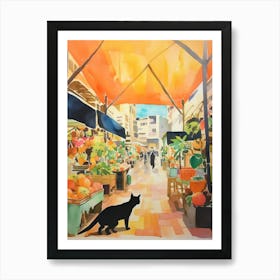 Food Market With Cats In Honolulu 4 Watercolour Art Print