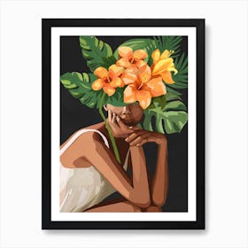 Woman with tropical flowers and leaves on the head 2 Art Print