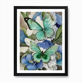 Butterflies On Blue Flowers Art Print