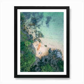 Sandy Beach, A Boat, Sea, Top View, Oil Painting Art Print