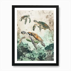 Three Sea Turtles Exploring The Ocean Silk Screen Inspired Art Print