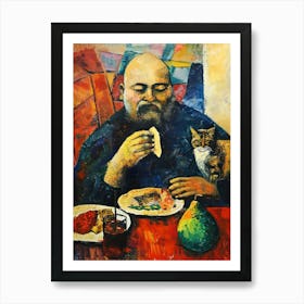 Portrait Of A Man With Cats Having Lunch Art Print