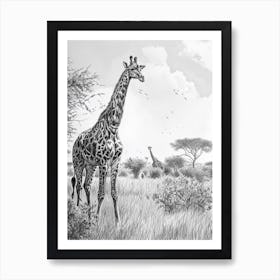 Two Giraffe In The Wild Pencil Drawing Art Print