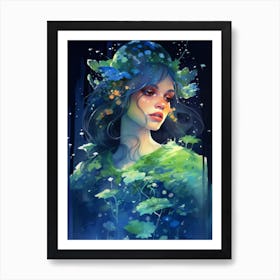 Alluring forest nymph with flowing emerald hair Art Print