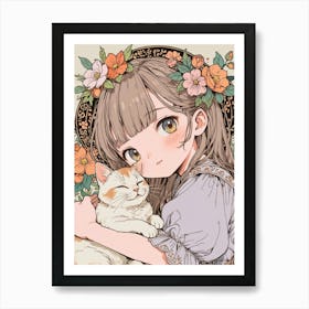 Anime Girl Hugging Cat Art Print