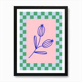 Modern Checkered Flower Poster Blue & Pink 15 Art Print