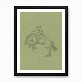 Cowboy On A Bucking Horse Green Art Print