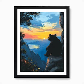 American Black Bear Looking At A Sunset From A Mountain Storybook Illustration 4 Art Print