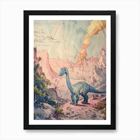 Dinosaur Watching The Volcano Storybook Painting Art Print