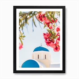 Pink Flowers At Santorini Church Art Print