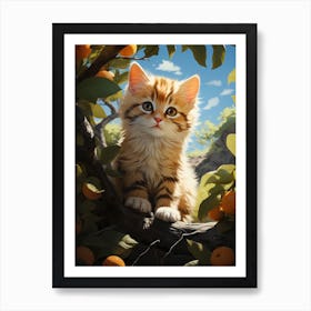 A little kitten climbs up a tree with oranges. 3 Art Print