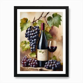 Vines,Black Grapes And Wine Bottles Painting (18) Art Print