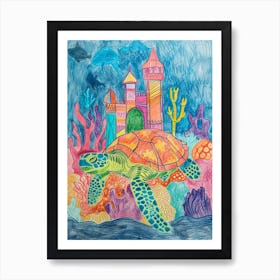 Sea Turtle With An Underwater Castle Pencil Crayon Scribble Art Print