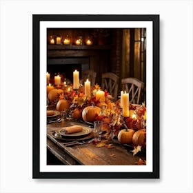 Autumn Table Decoration Cascading Leaves Of Warm Hues Rest Atop Smooth Pumpkins With Textured Exter (1) 2 Art Print