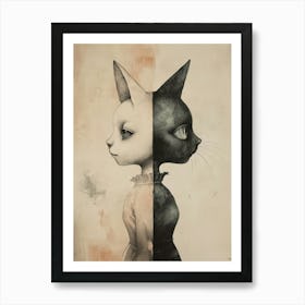 Twin Cats Split Screen Dark Goth Fantasy Drawing Art Print