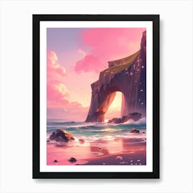 Ocean Shore Cliffs at Sunset Art Print