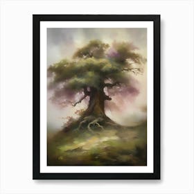 Oak tree, fine work of art, misty atmosphere, green meadow..17 Art Print