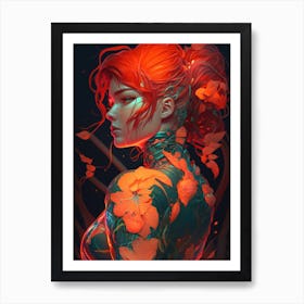 Girl With Red Hair and Flower Tattoos Art Print