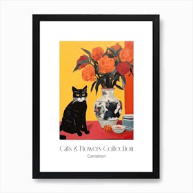 Cats & Flowers Collection Carnation Flower Vase And A Cat, A Painting In The Style Of Matisse 3 Art Print