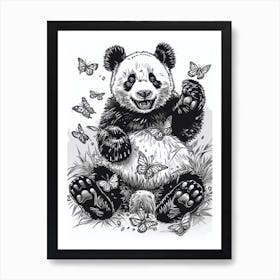 Giant Panda Cub Playing With Butterflies Ink Illustration 4 Art Print