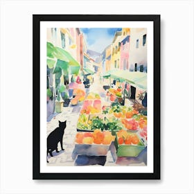 Food Market With Cats In Santander 3 Watercolour Art Print